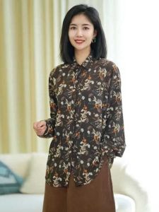 เสื้อเชิ้ตผู้หญิงแขนยาวลายดอกไม้ทรงหลวมสบายๆ สำหรับฤดูใบไม้ร่วงปี 2024 เสื้อเชิ้ตคอปกพับทรงหลวมสบายๆ สวมใส่ลำลอง
