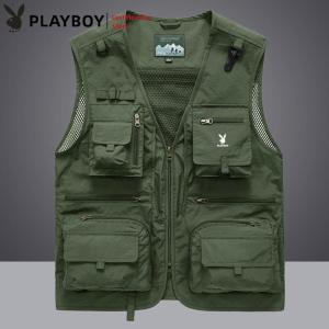 PLAYBOY Mens Vest Spring and Autumn New Mesh Quick Drying Casual Outdoor Multi bag Fishing Photography Vest