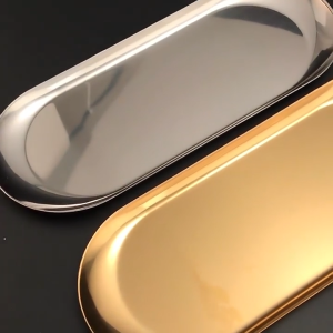 Piring Oval Emas Nampan Stainless Elegant Untuk Snack Canapé Tahan Noda Anti Gores