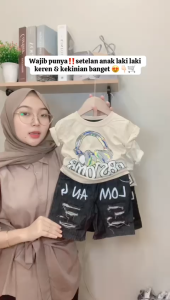 Setelan Anak Laki-Laki  Usia 1-5 Tahun Kaos Anak Motif Headset Celana Jeans Hitam Ripped Keren Outfit Anak Kekinian Dan Terbaru