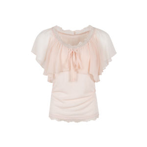 CHACHASTU | Áo Blouse Tay Ngắn Giả Hai Mảnh Viền Ren Elegance Pháp
