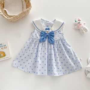 Girls Heart-Shaped Princess Dress Summer Navy Collar Vest Dress Childrens Clothing Cotton Polyester Blend Knee-Length Skirt