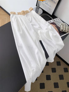 กางเกงขายาวทรงหลวมเอวสูงผ้าฝ้ายลินินสีขาวสำหรับผู้หญิง กางเกงขายาวทรงตรงทรงหลวมสบายๆ ฤดูร้อน 2025 แบรนด์ใหม่ คอลเลกชั่นใหม่