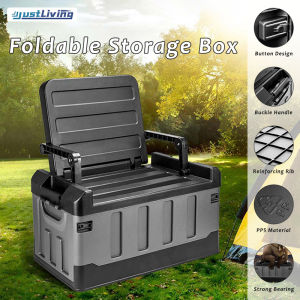 JustLiving Portable Folding Storage Box Outdoor Picnic 60L Large Capacity Car Storage Box Stool Storage Box Multifunctional Trunks Storage Bins with Seat for Fishing and Other Outdoor Activities