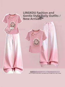 NUMEN BUTTON | Slimming Sweet Style Female Set With Embroidered Buttoned Top and Gradient Jeans