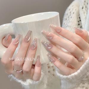 Rose Forest Fairy Tale Town Handmade Butterfly Cat Eye White Enhancing French Style Wearable Nail Tips Pink Series Normal Size