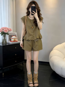 Shalldoer | Bộ Quần Áo Hàn Quốc Mùa Hè Thoáng Mát Cổ Tròn Áo Phối Quần Short Cao