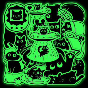 20 Pcs Glow in The Dark Black Cat Stickers Doodle Funny Cat Waterproof DIY File Folder Window Skate Helmet Car Removable Decals
