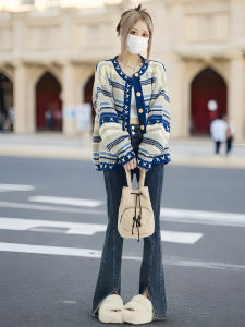 Áo Len Cardigan Dệt Kim Basic House Màu Khối Lượng Nặng Cho Nữ Mùa Thu Đông Áo Khoác Ngoài Cổ Tròn Dài Tay Họa Tiết Sọc