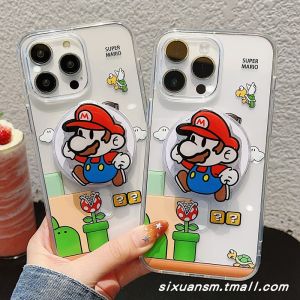 Creative Cartoon Super Mario Phone Case with Stand Wireless Charging Magnetic Absorption Transparent Hard Shell for iPhone 16 pro Max