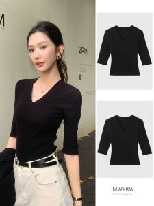 Elegant Slim Fit T-shirt V-Neck 5/8 Sleeve