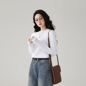 Pure Cotton Stand Collar mid Sleeve T-Shirt Women Loose Slim Fit Half High round Neck Short Sleeve Base Shirt White Top