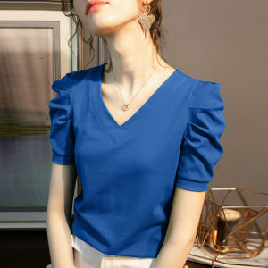 French Style Bubble Sleeve V Neck Short Sleeve T Shirt Women Summer Simple Cotton Shirt Folded Design Sense INS Top
