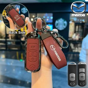 Zinc Alloy Genuine Cow Leather Fashion Style Smart Keyless Remote Car Key Fob Shell Case Cover Holder Chain Buttons Protector Keychain For Mazda 2 Demio 3 6 CX3 CX5 CX7 CX8 CX9 MX5