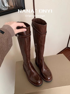 Genuine Leather Long Boots Womens Autumn Winter High Tube Thick Bottom Slimming Knight Boots Foldable Brown Long Boots