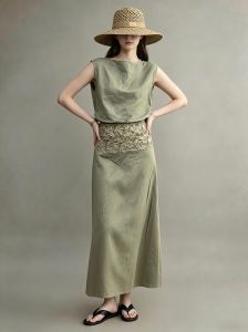 GULILI | Traditional Green Sleeveless Lace Splicing Dress Set