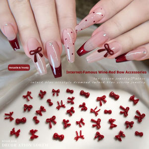 100Pcs Red bow nail accessories wine red three-dimensional resin bow tie press-on nail diamonds small accessories 