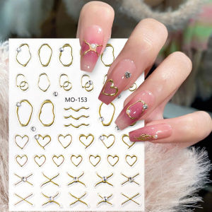 Nice 3D Metallic Golden Nail Stickers Y2k Frame Geometric Marble Lines Bronzing Manicure Sliders Nails Art Decor Accessories