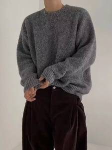 Soft Fleece Mens Knitted Sweater round Neck Loose Fit Retro Solid Color Trendy Korean Style Autumn Winter New Arrival