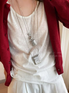 Long Titanium Steel Necklace Womens Fashion Jewelry Geometric Pattern Pendant Knitted Sweater Chain Autumn Winter Accessory