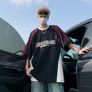 American Racing Suit Short-Sleeved T-shirt Mens Summer Oversize Trendy Street Handsome Motorcycle Black and Red Color Matching Top