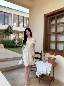 AMMIN 2024 Summer new Korean style small V-neck short sleeve elastic waist A-line simple solid color mid-length dress