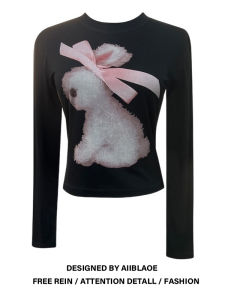 Áo Thun Tay Dài Cổ Cao in Hình Thỏ Màu Đen Cỡ Lớn Cho Nữ Mùa Thu Phong Cách Ngọt Ngào Cay Nồng Thời Trang Công Sở