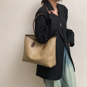 Mankok Retro Large Capacity Womens Tote Bag Fashionable All-Match Commuter Single Shoulder Bag Casual Pure Color Soft PU