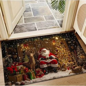 VIKAMA Christmas Santa Claus Reindeer Doormat Wooden House Snow Scene Non Slip Indoor Front Door Mat Xmas Welcome Rug