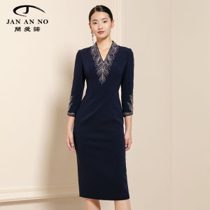 Handmade Chinese Style V-neck Dress Gold And Silver Thread Embroidery Long Sleeve Mid-length A-line Dress for Women