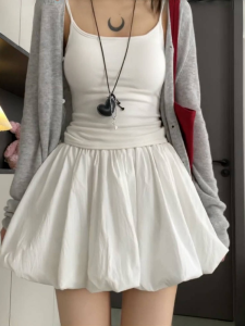 High Waist A-Line Mini Skirt Womens Summer White Flared Skirt Slimming Cake Skirt Polyester Fiber Folded Pocket Casual Style