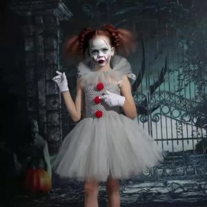Kids Girls Pennywise Horror Clown Cosplay Tutu Dress Halloween Party Fancy Costume Set With Wig Gloves Red Balloon Hair Clips