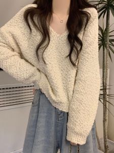 Ladies V-neck Knitted Sweater Loose Long Sleeve Overhead Style Warmth-Fulfilling Spring Autumn Outerwear for Small Figures
