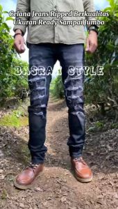 Celana Jeans Pria Cowok Model Sobek Lutut Whisker Ripped Distro Bahan Jeans Melar Ukuran 28 - 38