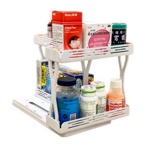 2 Tiers Spice Organizer for Cabinet Pull Out & 90 Degree Rotation Medicine Pill Bottle Vitamin Storage for Deep Inside Corner Cabinet Vertical Sliding Rack for Kitchen Countertop Cupboard 