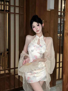 Phong Cách Trung Quốc Mới Cỡ Lớn Họa Tiết In Sườn Xám Đầm Nữ Mùa Hè Thiết Kế Ôm Vừa Vặn Dây Váy Ngắn Bó Sát Đầm