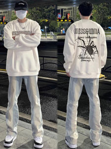 American High Street Oversize Long Sleeve White T-Shirt Mens Early Spring Youth Trendy Brand Casual Style Thickened Fashion Top