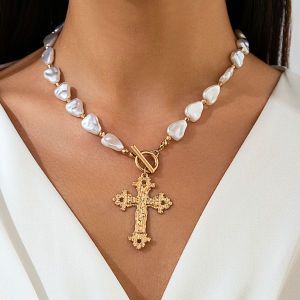 Ingemark Creative Baroque Imitation Pearl Chain Necklace Women Wed Bridal Goth Cross Jesus OT Buckle Pendant Choker Neck Jewelry