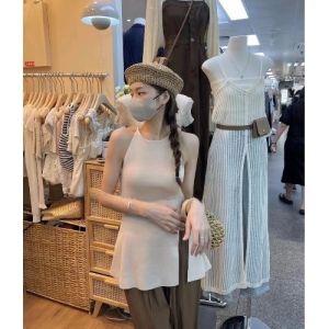 Spicy Girl Slit Ice Silk Knitted Neck Hanging Small Strap Vest Women Summer Outerwear Sleeveless Top Sweet Style Slim Fit