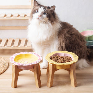 Ceramic Pet Food Bowl With Wooden Stand Pet Water Bowl Dog Bowl Cat Bowl - For Cats & Dogs
