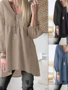 ชุดเดรสคอวีแขนยาวหลวมๆ สีพื้น แฟชั่นผู้หญิง ฤดูใบไม้ผลิ 2025 ระบายอากาศได้ดี ปกติ จีนแผ่นดินใหญ่