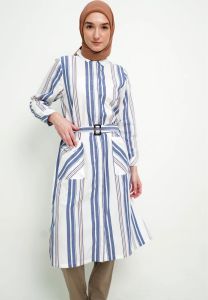 MFMW Sartika Midi Dress Gamis Broken White Motif Garis Navy