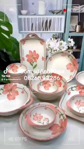 Bộ Bát Đĩa Gốm Sứ Decor Bát Ăn Cơm Bát Ăn Chè Chén Dĩa Dễ Thương Bộ Bát Hoa Cát Tường 15 Món xinh yêu dễ thương