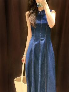 Elegant Blue Sleeveless French Style Womens Dress Slim Fit Casual Summer New Arrival Luxury Waist-Cinching Denim Gown