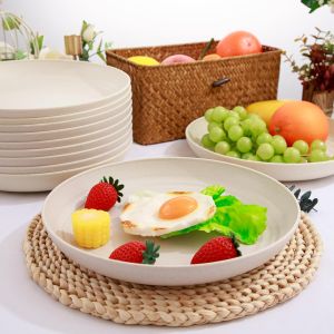 4pcs Cream Wheats Straw Plates Set Plastic Unbreakable Deep Dinner Plate ReusableLightweight Home and Kitchen Storage Tray
