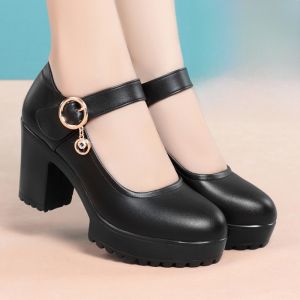 SHIPAILUO | Casual Style Thick Heel Single Shoes With Buckle Genuine Leather Dancing Show Waterproof Platform Mid Heel Round Toe Shoes