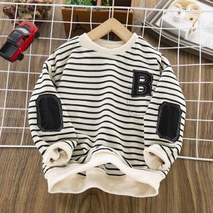 Thickened Fleece Childrens Sweatshirt Long Sleeve Spring Autumn Stripe Boys Casual Wear Comfortable Soft Fabric No Hat