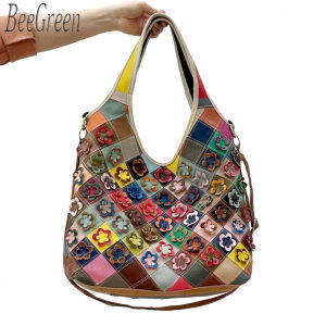 BeeGreen Women Colorful Leather Shoulder Bag Large Capacity Underarm Bag Flower Patchwork Handbag Classic Hobo Bag