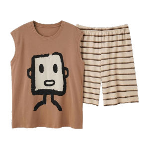 MiiOW | ชุดนอนแขนกุดหลวมๆ ผ้าฝ้ายแท้สำหรับผู้ชายในช่วงฤดูร้อน ชุดอยู่บ้านแบบลำลองที่สวมใส่สบายและสวมใส่ได้ทั้งในบ้านและกลางแจ้ง