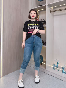 High Waist Slimming Denim Jeans Womens Straight Leg Summer Thin Large Size Elastic Cigarette Pants  Pear Body Shape